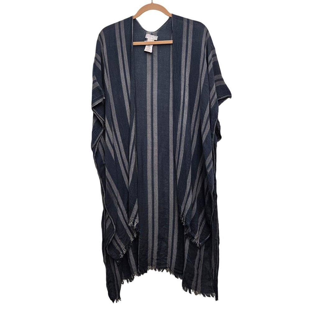Free People Kimono Wrap Womens OS Blue Striped Frayed Hem Boho Festival Layering